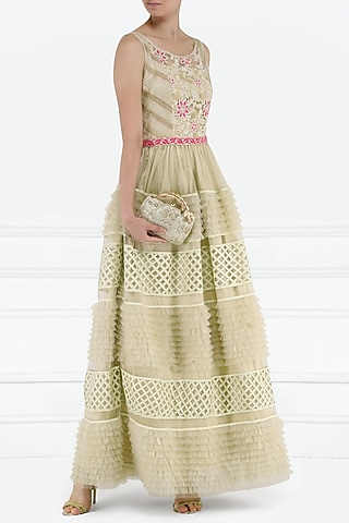 Off White and Beige Embroidered Tiered Gown by PABLE