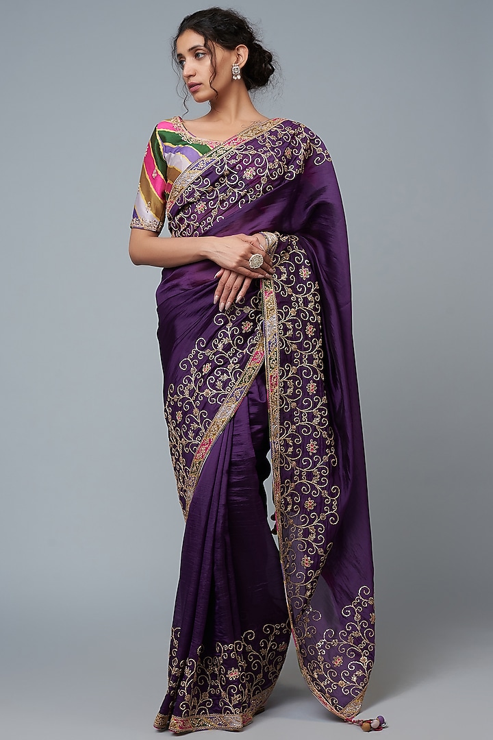 Purple Organza Silk Embroidered Saree Set by Punit Balana