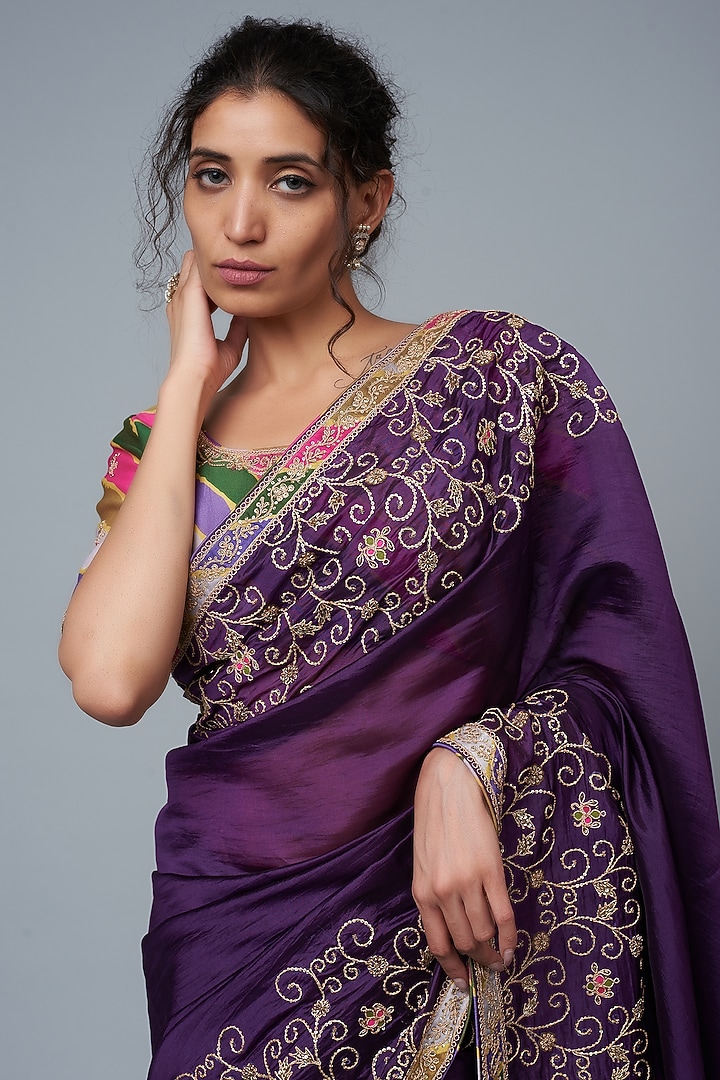 Purple Organza Silk Embroidered Wedding Saree Set by Punit Balana at Pernia's Pop Up Shop