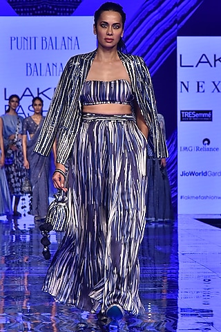 Midnight Blue Embroidered Jacket With Bralette & Pants by Punit Balana
