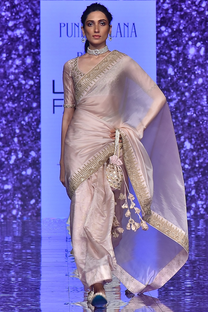 Blush Pink Silk Organza Emboidered Saree Set by Punit Balana
