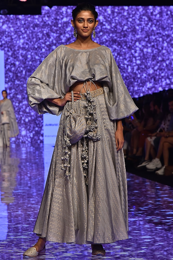 Grey Top With Embellished Skirt & Belt by Punit Balana
