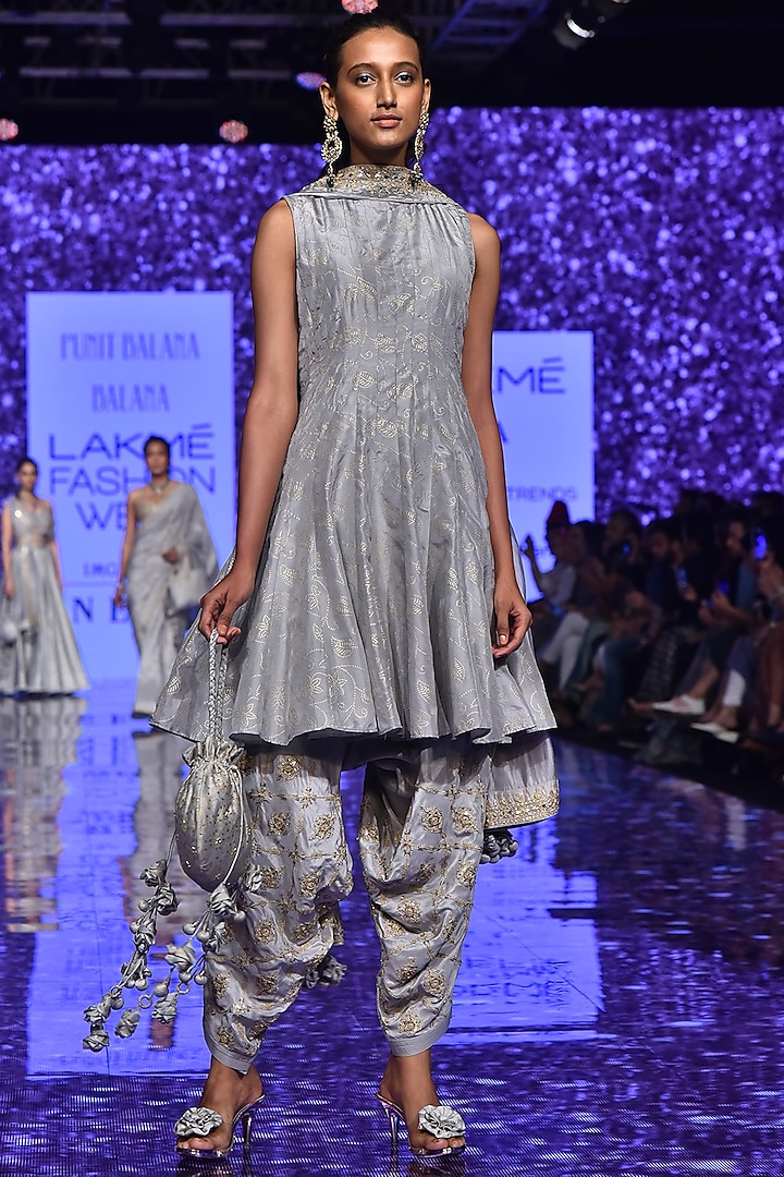 Grey Anarkali With Embroidered Pants & Dupatta by Punit Balana