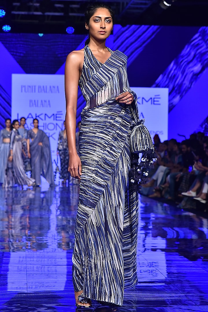 Midnight Blue Embroidered Wedding Saree Set by Punit Balana at Pernia's Pop Up Shop