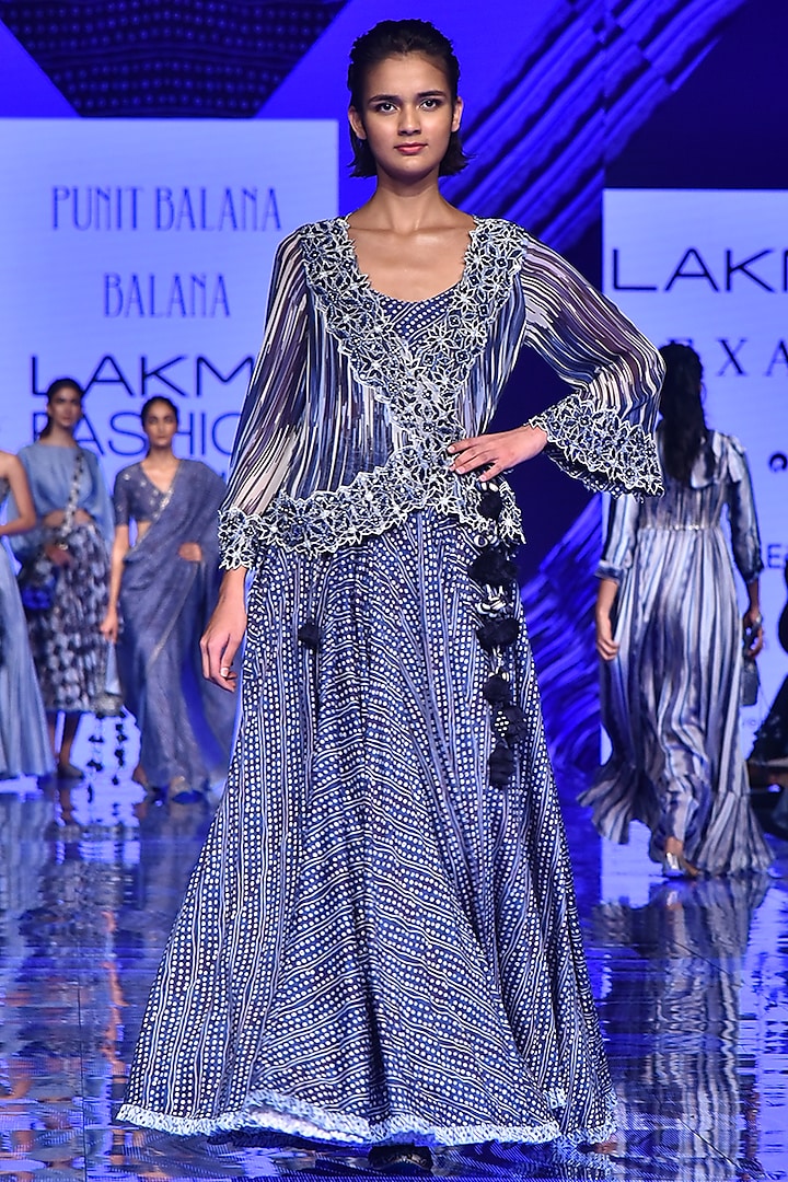 Midnight Blue Embroidered Cape Set by Punit Balana