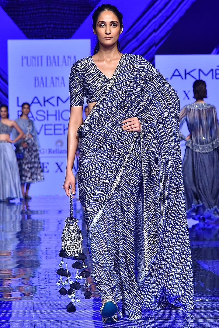Midnight Blue Embroidered Saree With Blouse by Punit Balana