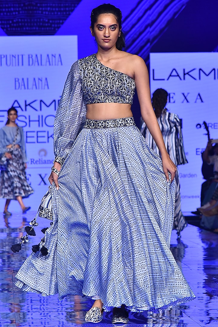 Midnight Blue Embroidered Top With Skirt by Punit Balana