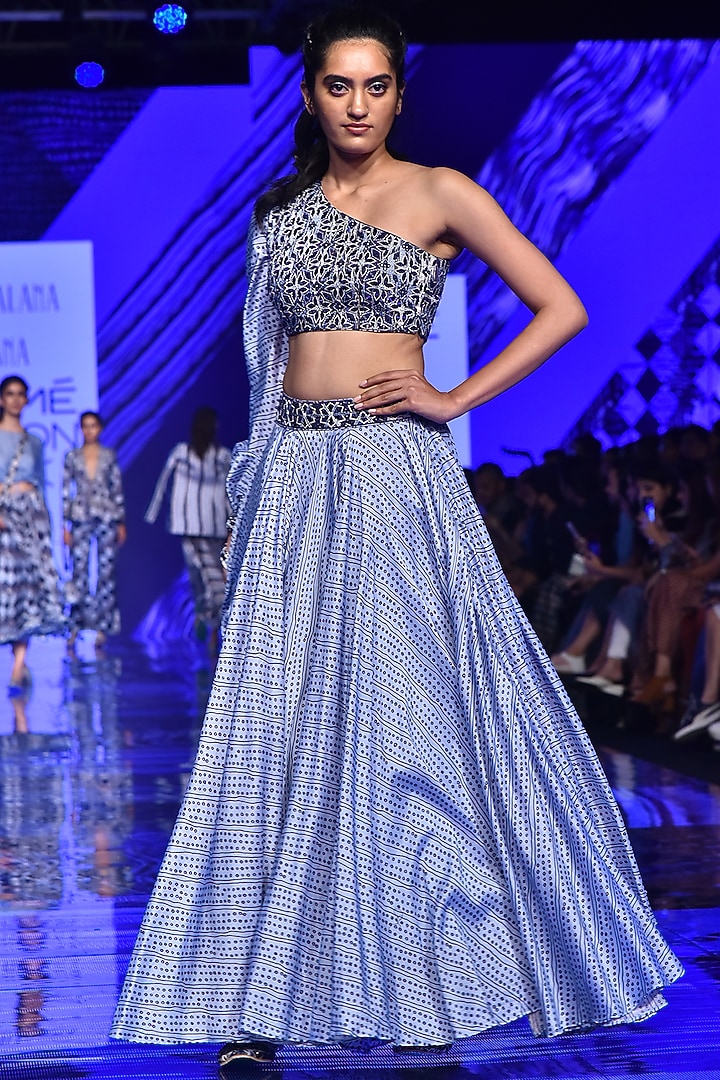 Midnight Blue Embroidered Top With Skirt by Punit Balana at Pernia's Pop Up Shop