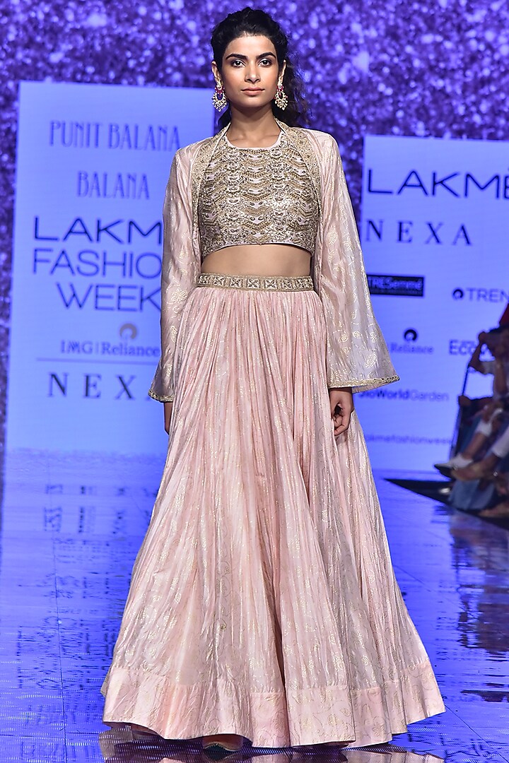 Blush Pink Embroidered Top With Cape & Skirt by Punit Balana