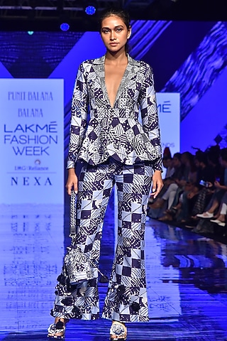 Midnight Blue Peplum Top With Pants by Punit Balana