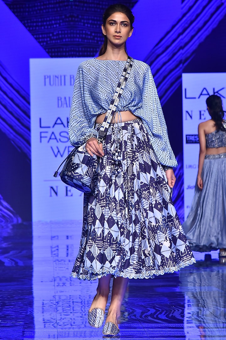 Midnight Blue String Top With Skirt by Punit Balana