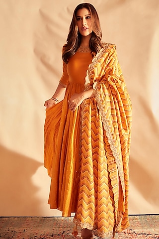 Mustard Embroidered Anarkali Set by Punit Balana