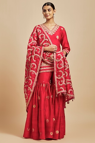 Red Organza Silk & Banarasi Silk Embroidered Gharara Set by Punit Balana