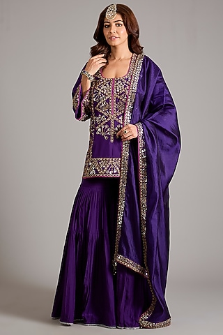 Baingani Silk Chandi Tilla Embroidered Gharara Set by Punit Balana