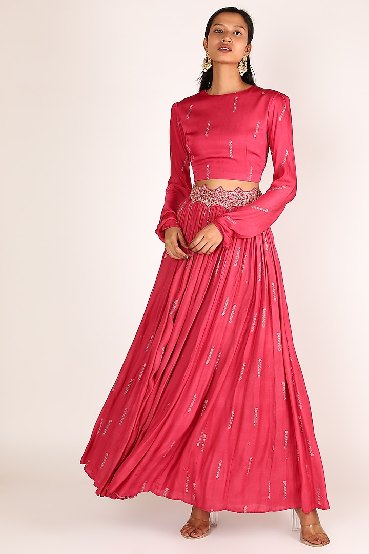 Fuchsia Printed Skirt Set by Punit Balana