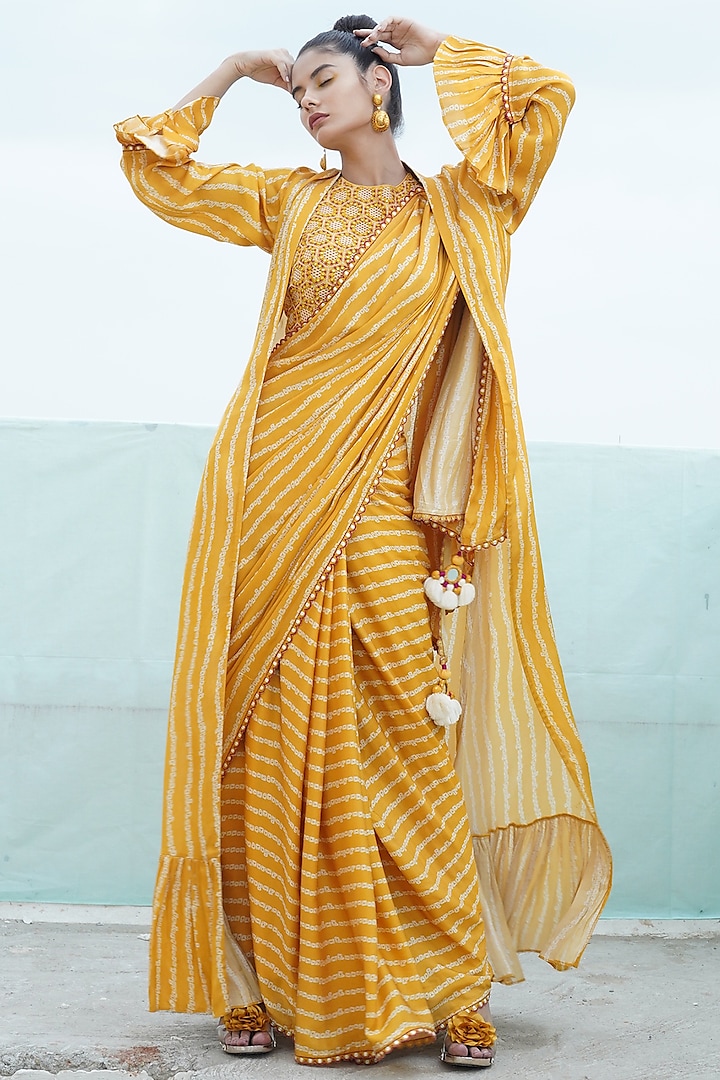 Mustard Yellow Embroidered & Printed Saree Set With Cape by Punit Balana