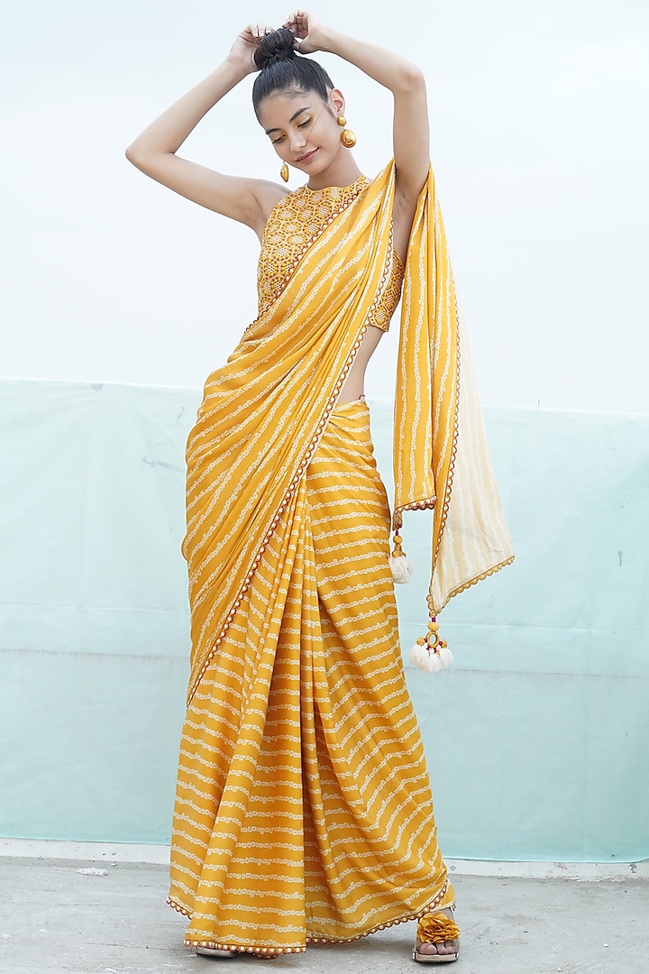 Mustard Yellow Embroidered & Printed Wedding Saree Set With Cape by Punit Balana at Pernia's Pop Up Shop