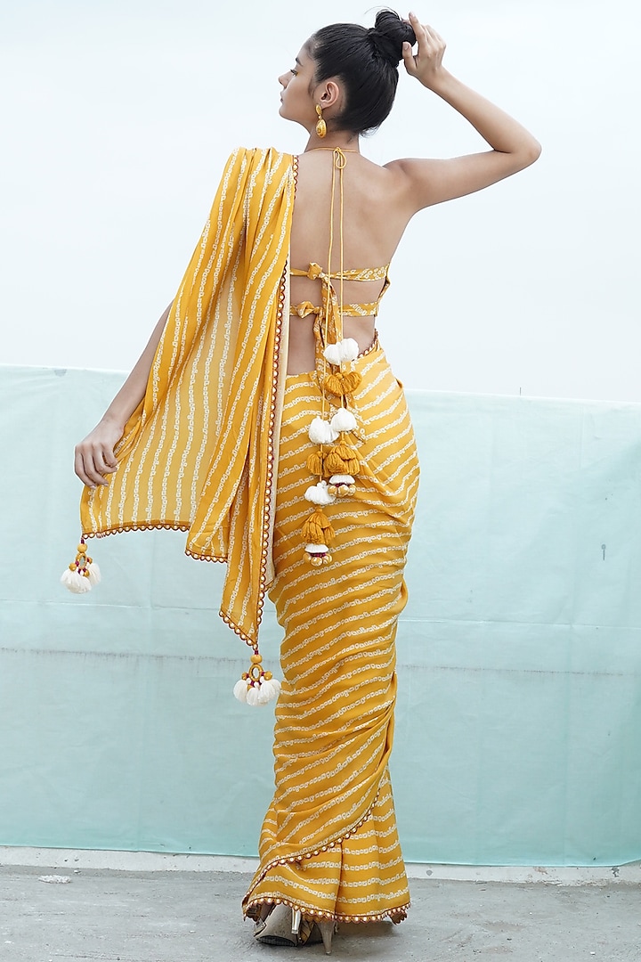 Mustard Yellow Embroidered & Printed Wedding Saree Set With Cape by Punit Balana at Pernia's Pop Up Shop