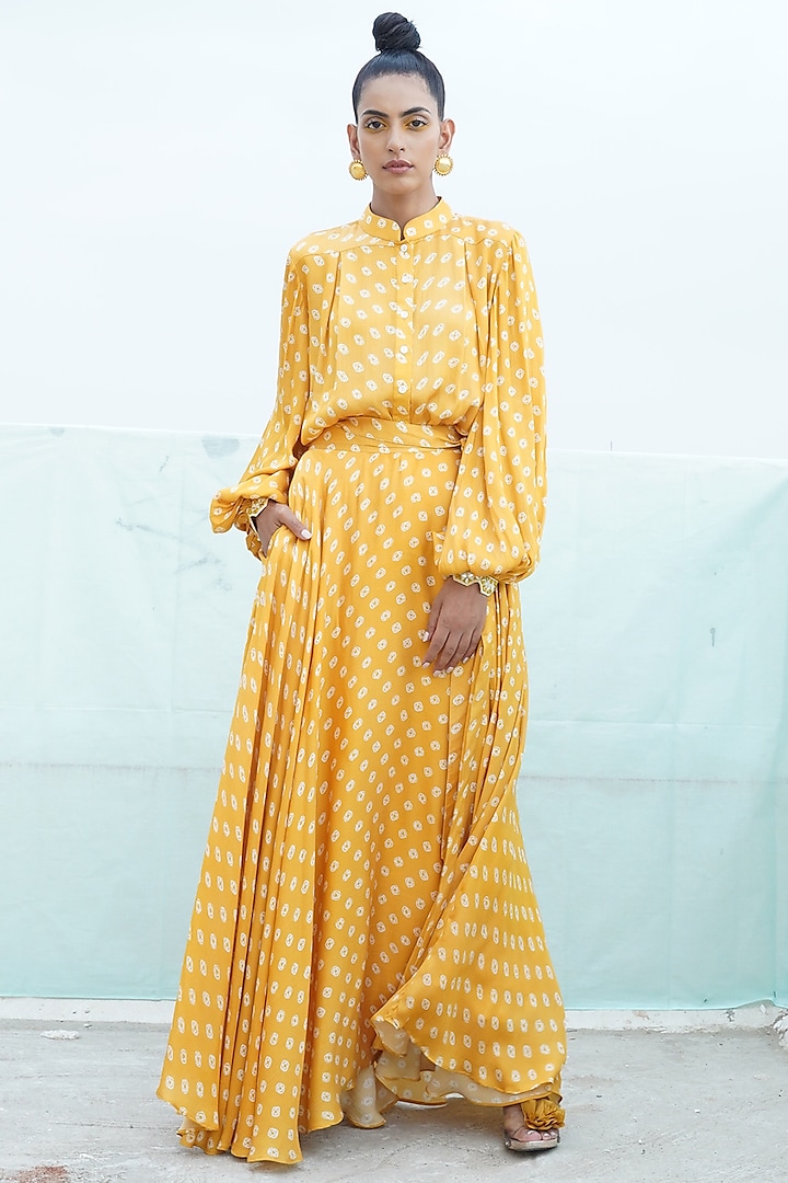 Mustard Yellow Embroidered & Printed Shirt With Skirt by Punit Balana