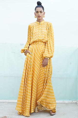 Mustard Yellow Embroidered & Printed Shirt With Skirt by Punit Balana