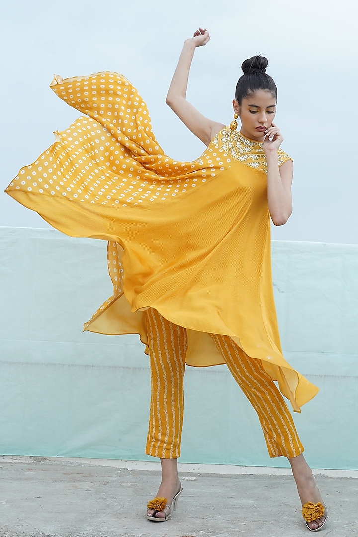 Mustard Yellow Embroidered & Printed Kurta With Pants by Punit Balana