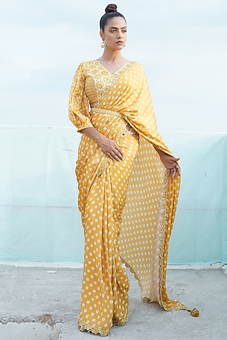 Mustard Yellow Embroidered & Printed Saree Set With Belt by Punit Balana