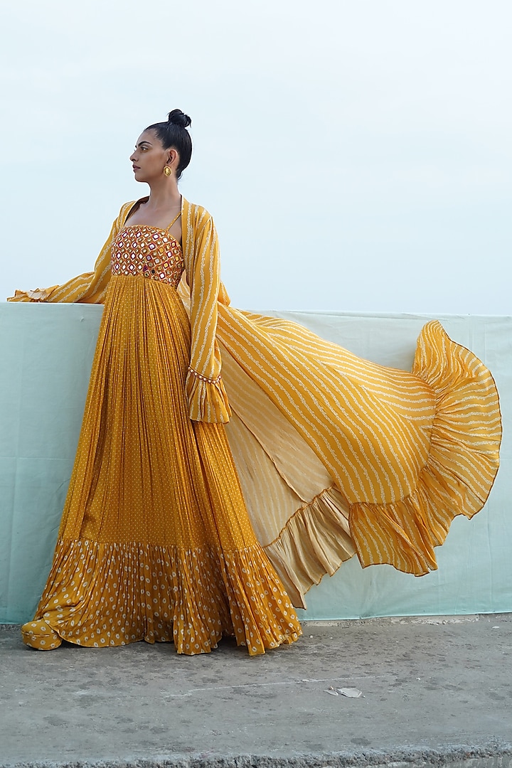 Mustard Yellow Embroidered & Printed Dress With Cape by Punit Balana