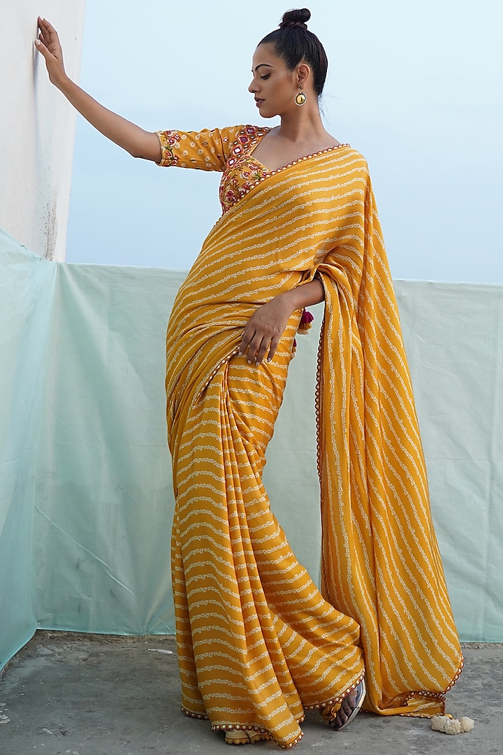 Mustard Yellow Embroidered Saree Set by Punit Balana