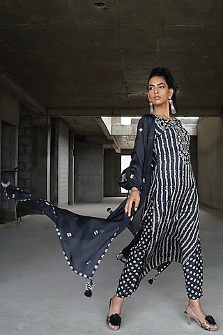 Black Embroidered & Printed Kurta Set by Punit Balana