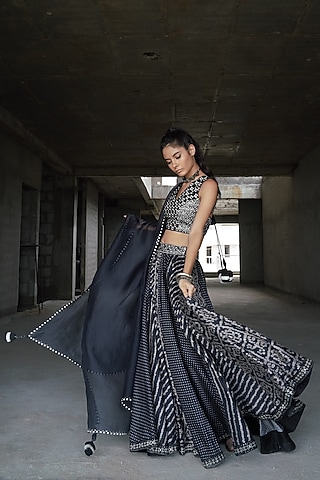 Black Embroidered Lehenga Set by Punit Balana