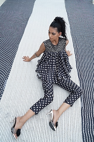 Black Embroidered & Printed Top With Pants by Punit Balana