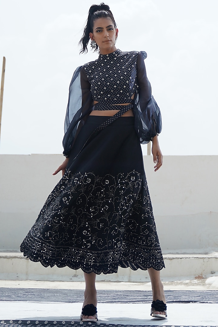 Black Top With Embroidered Skirt by Punit Balana
