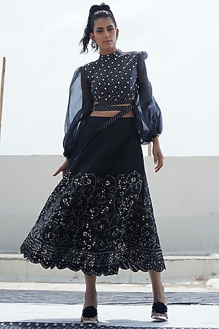 Black Top With Embroidered Skirt by Punit Balana
