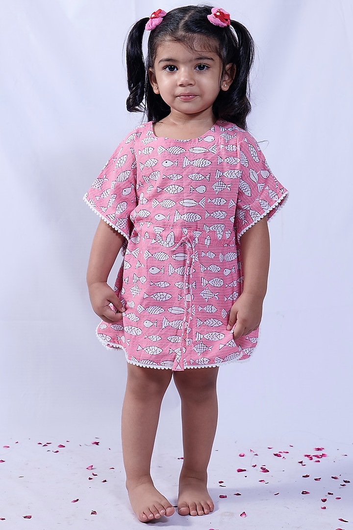 Pink Hand Block Printed Kaftan For Girls by Pankhuri by Priyanka - Kids