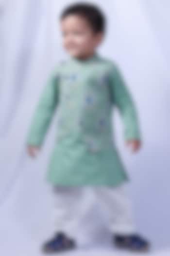 Sea Green Cotton Kurta Set For Boys by Pankhuri by Priyanka - Kids