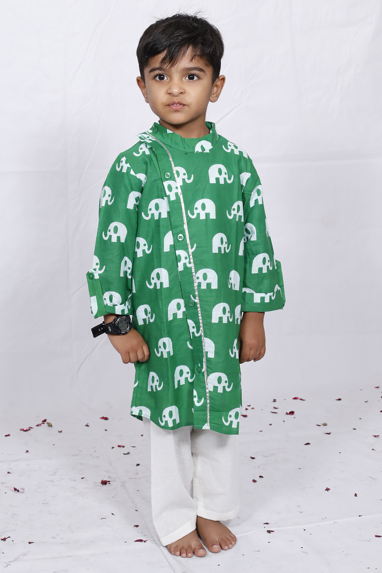 Green Elephant Printed Kurta Set For Boys by Pankhuri by Priyanka - Kids at Pernia's Pop Up Shop