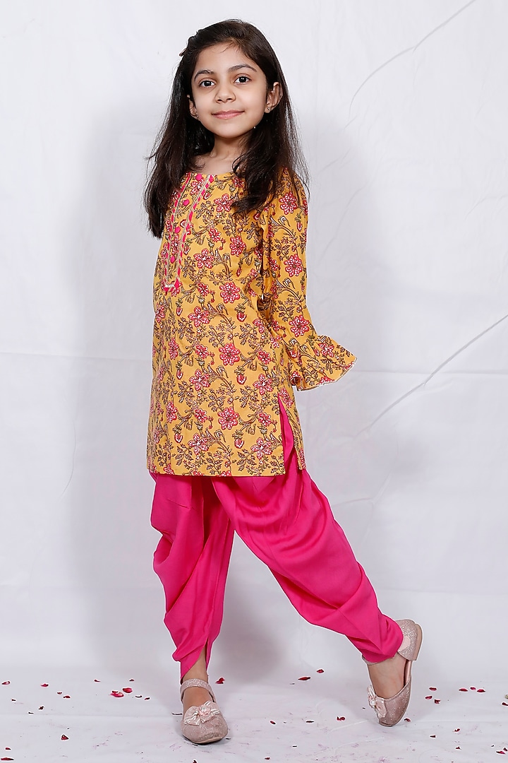 Turmeric Yellow & Pink Printed Dhoti Set For Girls by Pankhuri by Priyanka - Kids at Pernia's Pop Up Shop