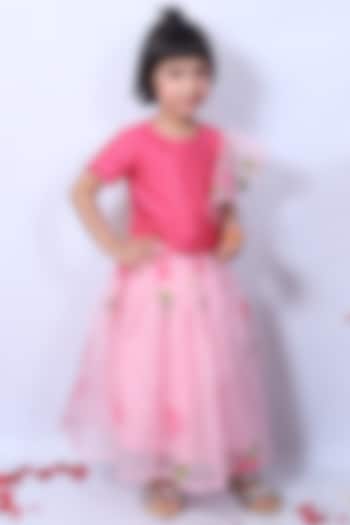 Pink Hand Printed Skirt Set For Girls by Pankhuri by Priyanka - Kids
