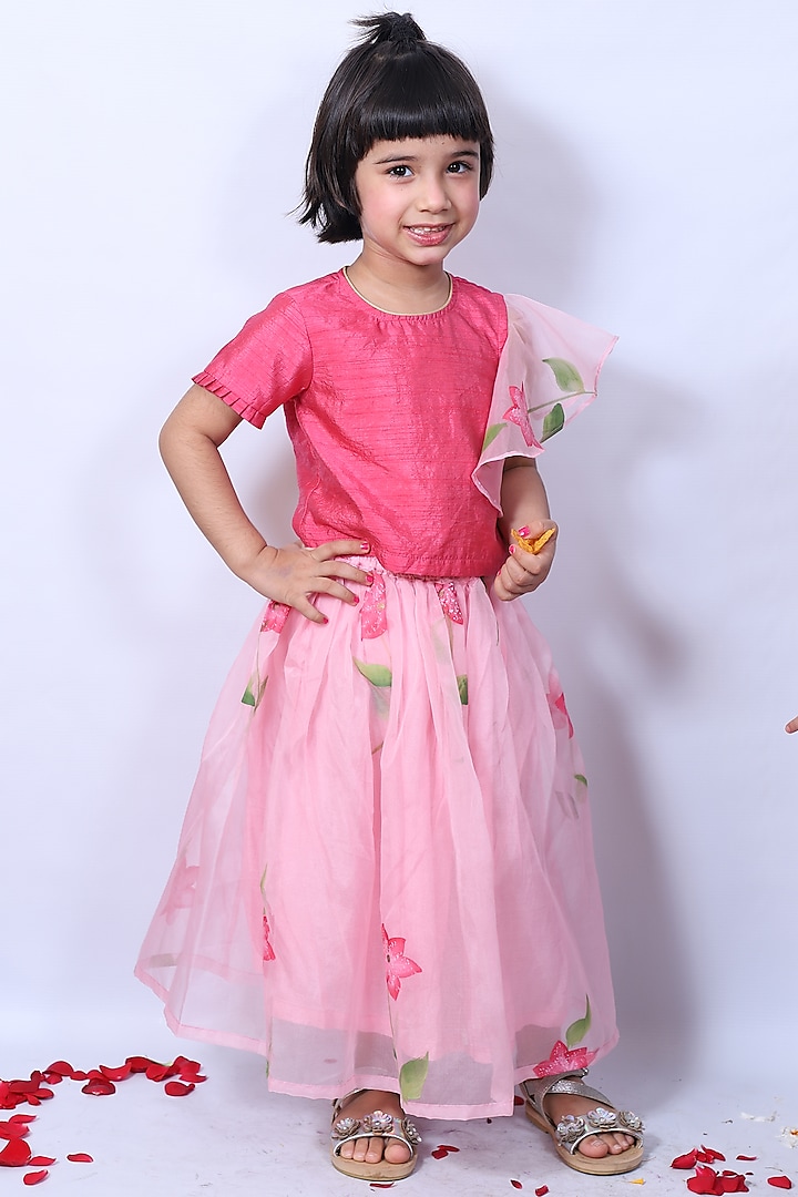 Pink Hand Printed Skirt Set For Girls by Pankhuri by Priyanka - Kids