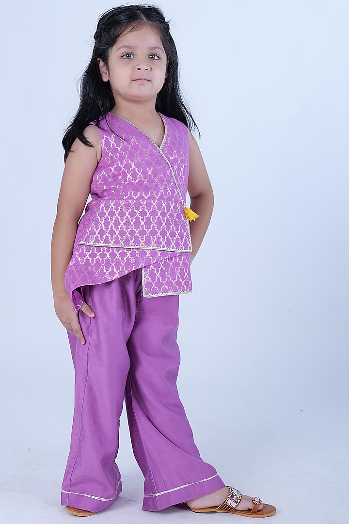 Mauve Chanderi Zari Embroidered Co-Ord Set For Girls by Pankhuri by Priyanka - Kids at Pernia's Pop Up Shop