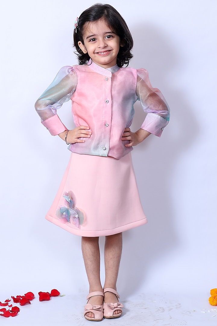 Pink Skirt Set With Handcrafted Floral Work For Girls by Pankhuri by Priyanka - Kids
