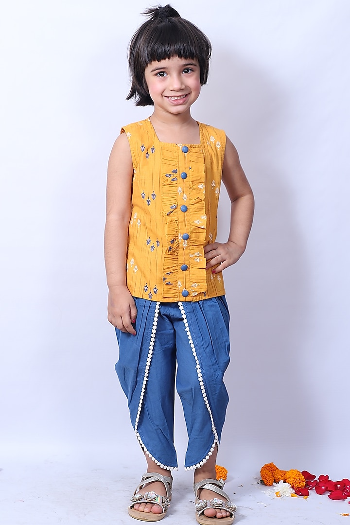 Yellow Mustard Cotton Kurta Set For Girls by Pankhuri by Priyanka - Kids