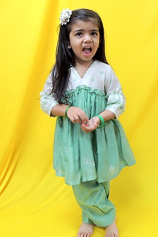 Green & Off-White Pure Chanderi Hand Block Polka Dot Printed Gathered Kurta Set For Girls by Pankhuri by Priyanka - Kids