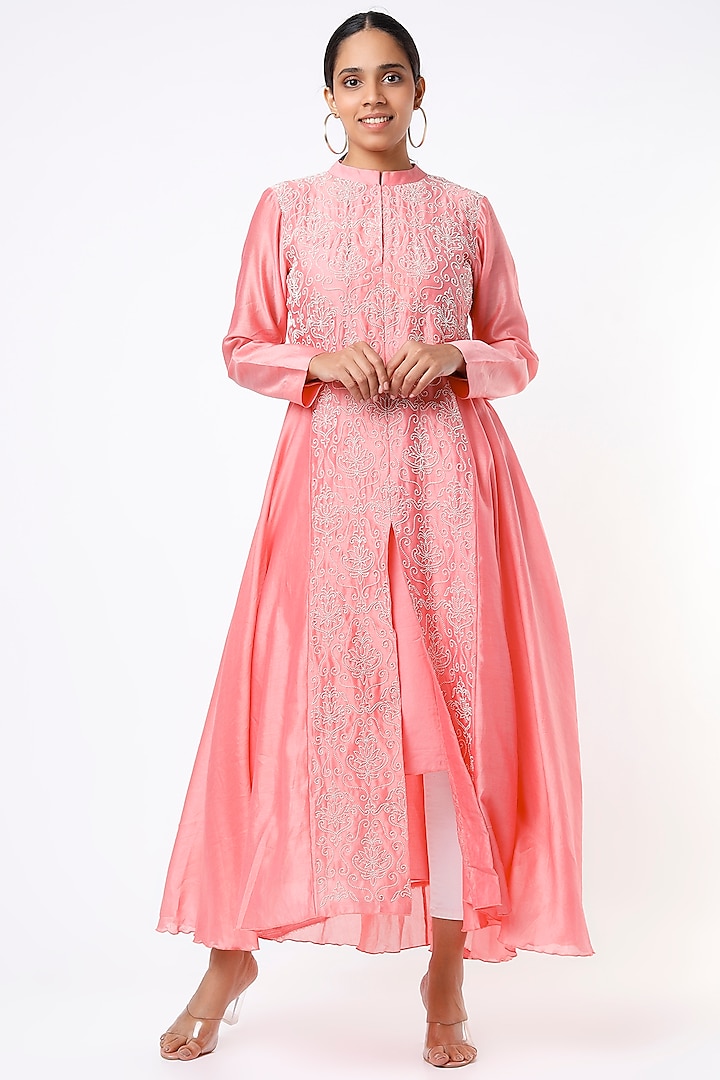 Sky Pink Hand Embroidered Asymmetrical Tunic Set by Pink City By Sarika