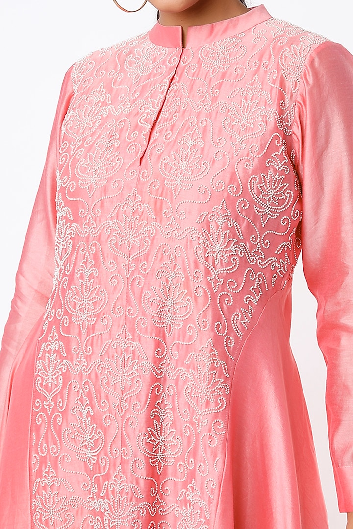 Sky Pink Hand Embroidered Asymmetrical Tunic Set by Pink City By Sarika at Pernia's Pop Up Shop