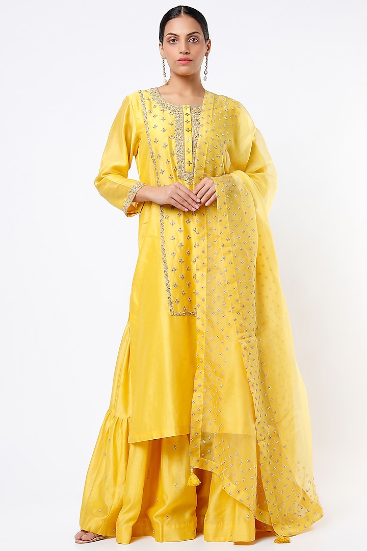 Cadmium Yellow Silk Chanderi Sharara Set by Pink City By Sarika at Pernia's Pop Up Shop