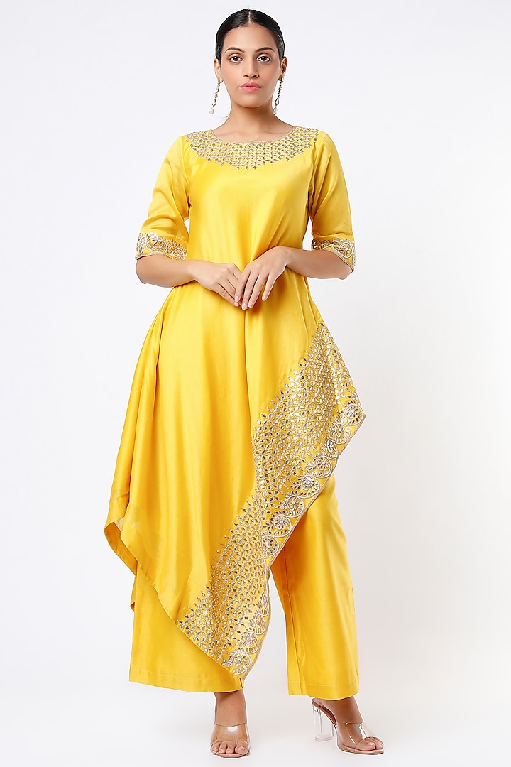Bright Yellow Hand Embroidered Asymmetrical Kurta Set by Pink City By Sarika