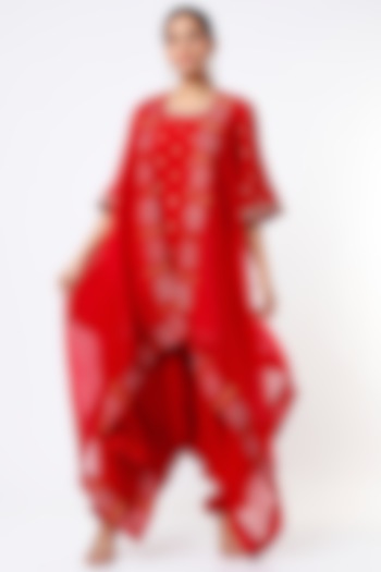 Fiery Red Hand Embroidered Short Kurta Set by Pink City By Sarika