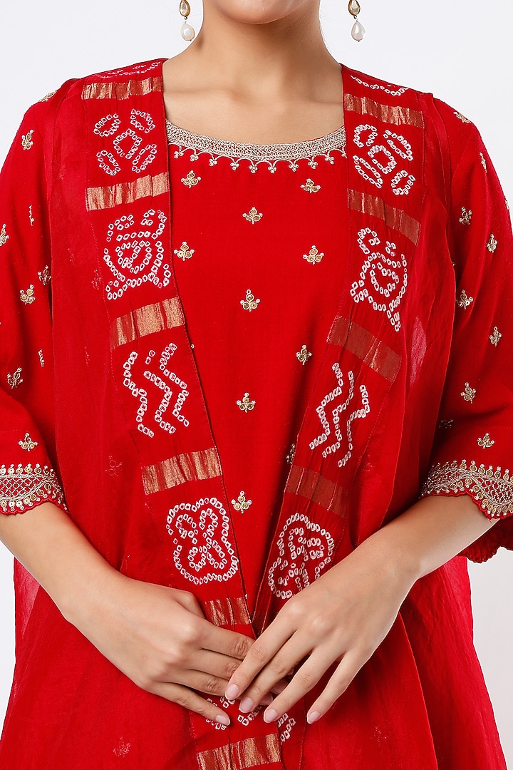 Fiery Red Hand Embroidered Short Kurta Set by Pink City By Sarika at Pernia's Pop Up Shop