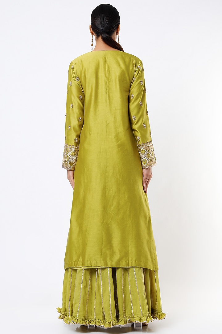 Olive Green Silk Chanderi Wedding Sharara Set by Pink City By Sarika at Pernia's Pop Up Shop